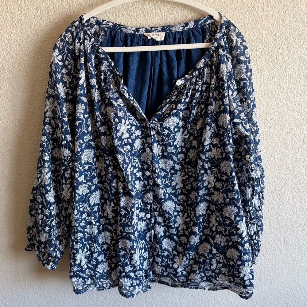 Talisman India Block Print Collection 100% Cotton Blouse Peasant Spring Coastal